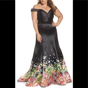 Mac Duggal beaded waist off shoulder floral gown